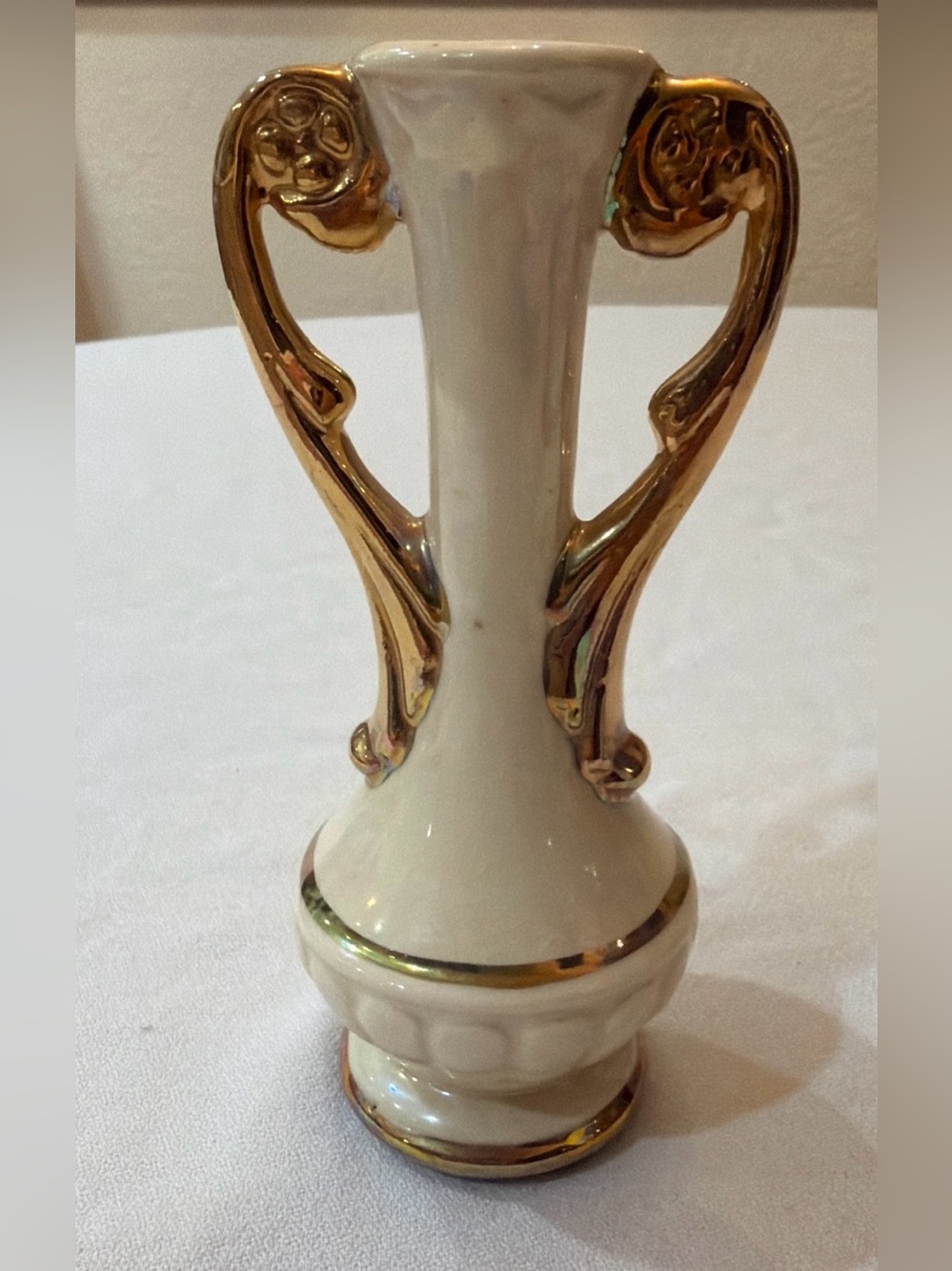 Ohio Pottery Opalescent Cream Porcelain Vase with Gold Handles
